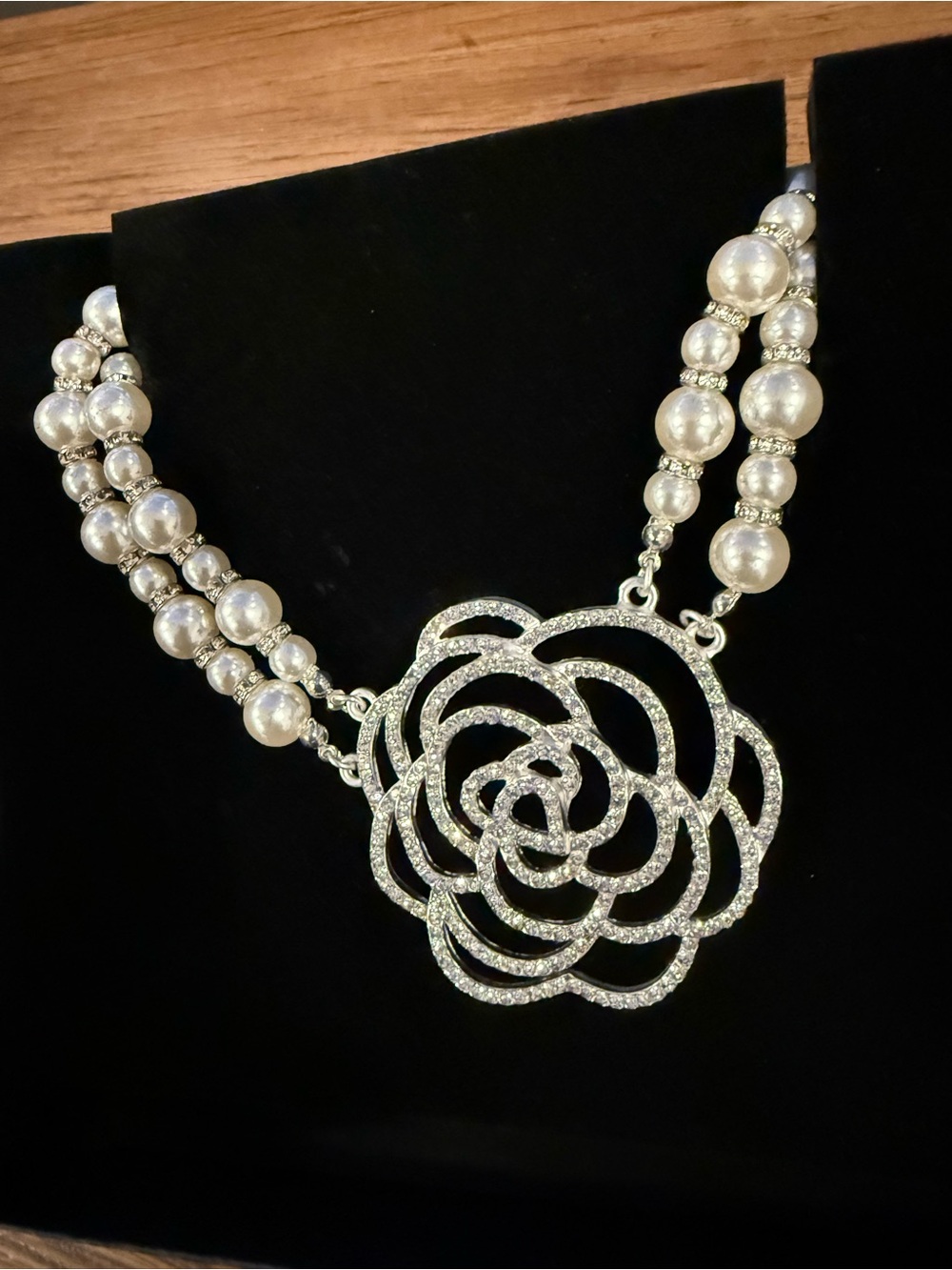 Gardenia Silver Pearl Double-Strand Necklace with Crystal Gardenia Pendant